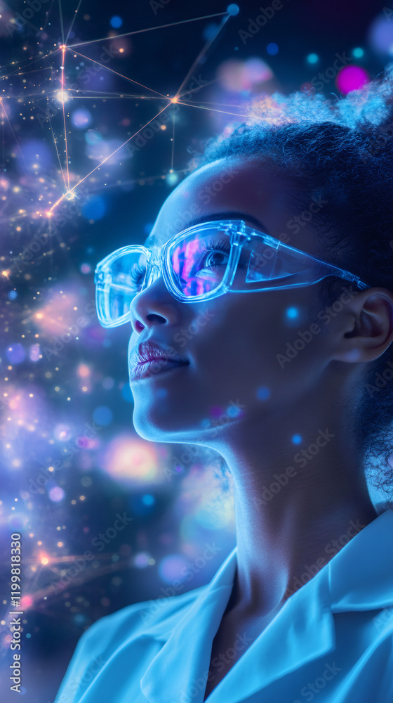 Aufkleber Scientist examining holographic network data through augmented reality smart glasses, representing cutting-edge technological innovation
