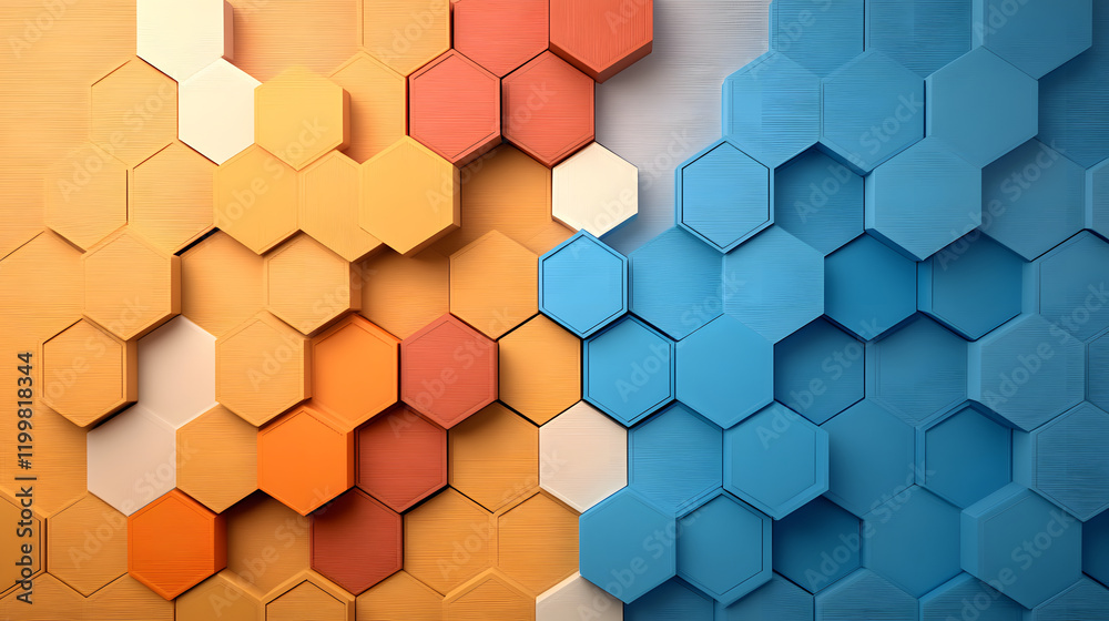 Poster colorful hexagonal patterns in orange and blue on a wooden background
