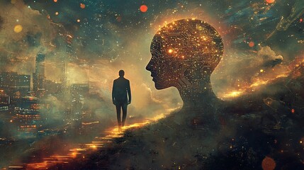 Man walks towards cosmic head, cityscape background, future concept