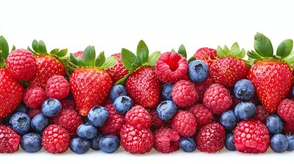 Obraz premium Isolated of strawberries blueberries and raspberries forming a colorful composition spread across a clean white surface Stock Photo with side copy space