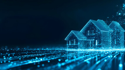 Digital representation of a house with glowing blue lines and particles on a dark background