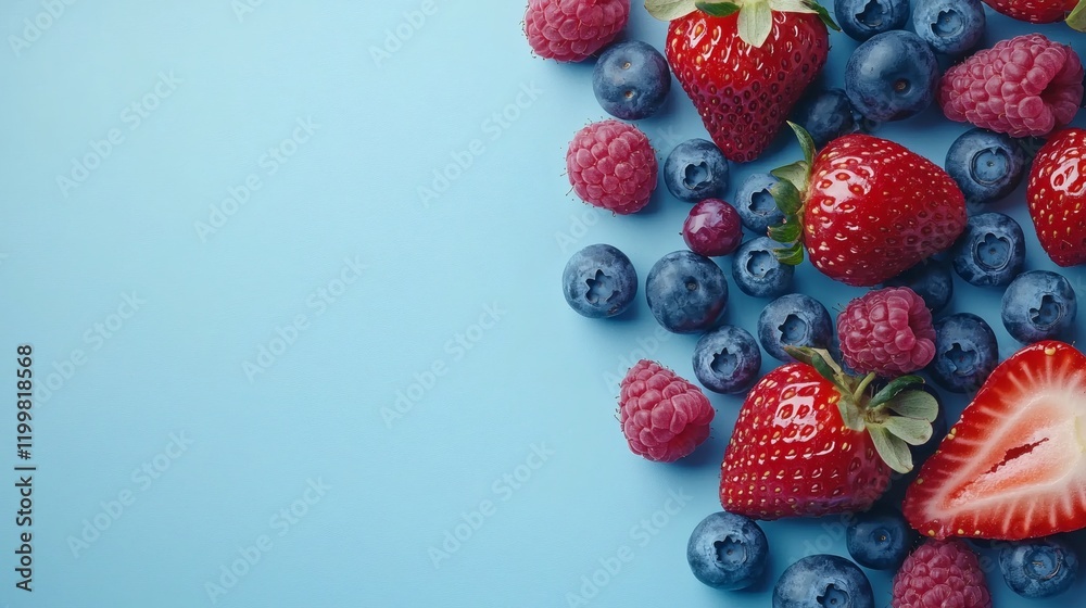 Poster isolated of strawberries blueberries and raspberries forming a colorful composition spread across a 