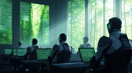 Fototapeta premium Futuristic Classroom with Students Engaged in Digital Learning