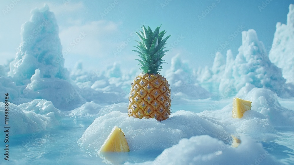 Poster isolated of a single ripe pineapple with a vibrant golden-yellow texture and green spiky crown displ