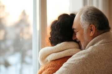 Warm moments of connection as an older couple embraces by the window during sunset