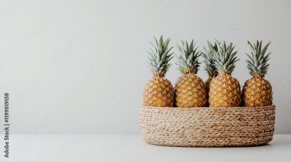 Poster Isolated of a group of pineapples with varying sizes arranged neatly in a woven basket on a seamless white surface Stock Photo with side copy space