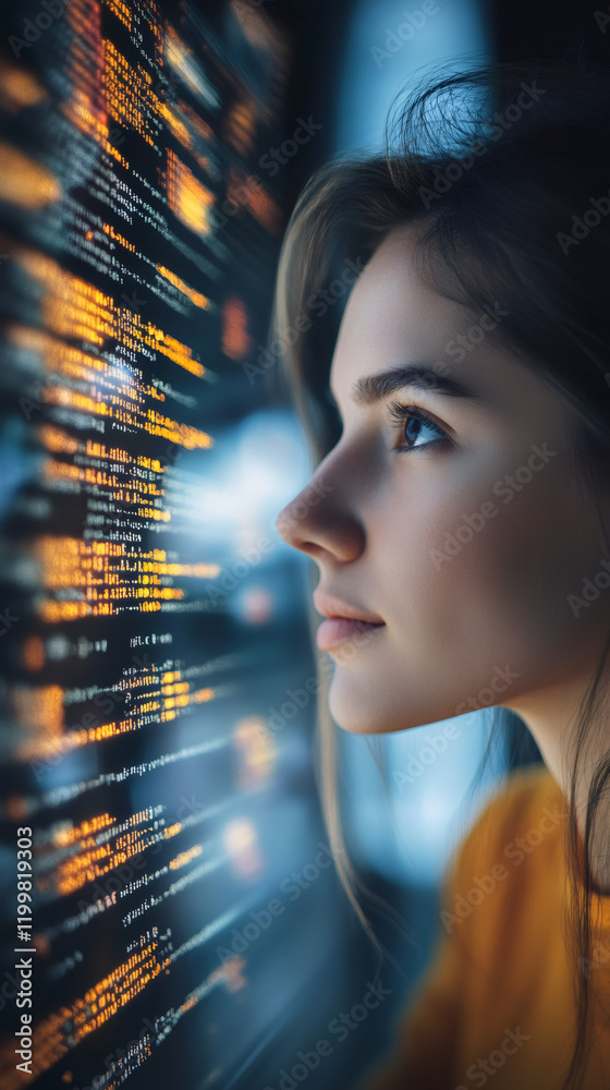 Poster close-up of a young female programmer analyzing source code on a computer screen, working late at ni
