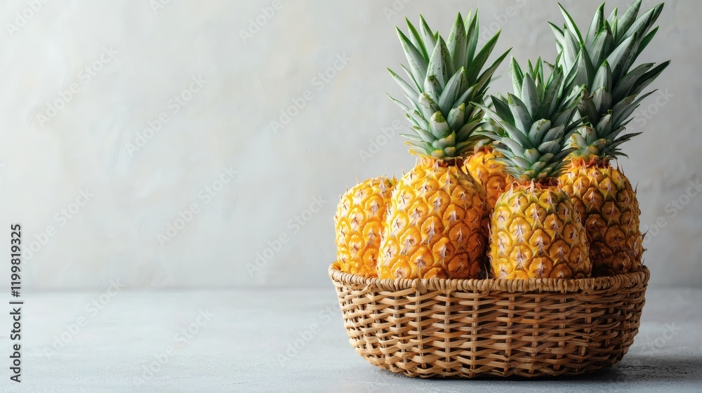 Poster Isolated of a group of pineapples with varying sizes arranged neatly in a woven basket on a seamless white surface Stock Photo with side copy space