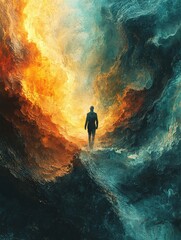 A lone figure walks towards a glowing light amidst a swirling landscape of fiery hues and cool blues. Perfect for spiritual exploration or self-discovery themes.