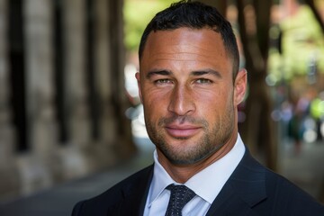 Fototapeta premium A man in a suit and tie is standing in front of a building