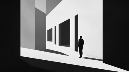 Black and White Minimalist Figure in Abstract Architectural Space