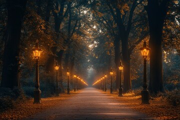 Autumnal path, lit lamps, trees, fallen leaves.