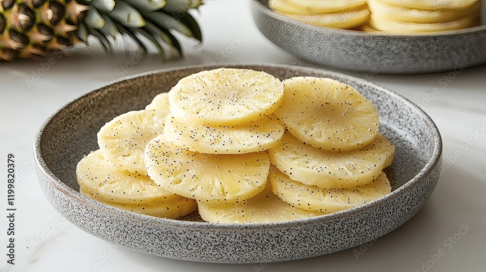 Aufkleber isolated of a single pineapple sliced into round pieces displayed in a ceramic bowl on a clean white