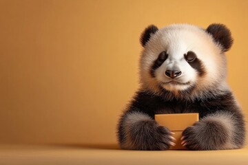 Obraz premium Cute panda holding a small box against a warm yellow background in a playful setting