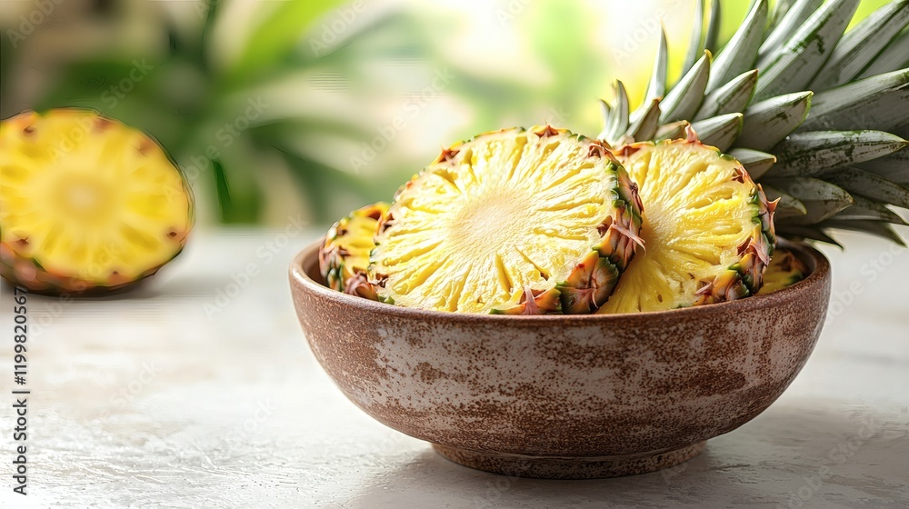 Aufkleber isolated of a single pineapple sliced into round pieces displayed in a ceramic bowl on a clean white