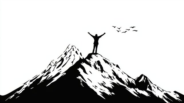 Silhouette of Climber Triumphantly Reaching Mountain Peak
