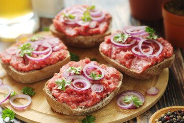 Traditional German sandwiches with minced meat Mettbroetchen	