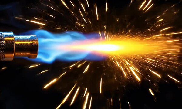 A close-up of a flame torch emitting blue and orange flames with sparks, showcasing its intense heat.