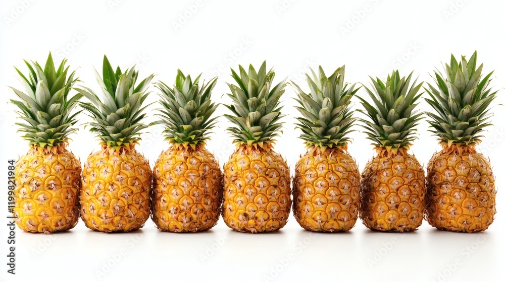 Poster Isolated of pineapples stacked on top of each other creating a tropical-themed arrangement on a clean white surface Stock Photo with side copy space
