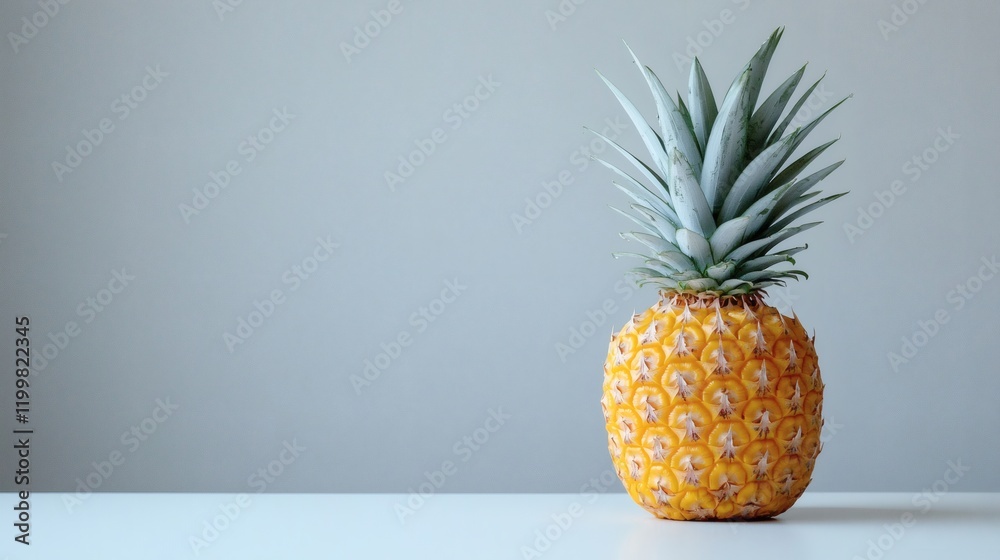 Poster Isolated of a single pineapple with dew droplets on its surface emphasizing freshness on a plain white background Stock Photo with side copy space