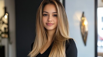 Fototapeta premium Young Woman With Long Blonde Hair Posing Indoors