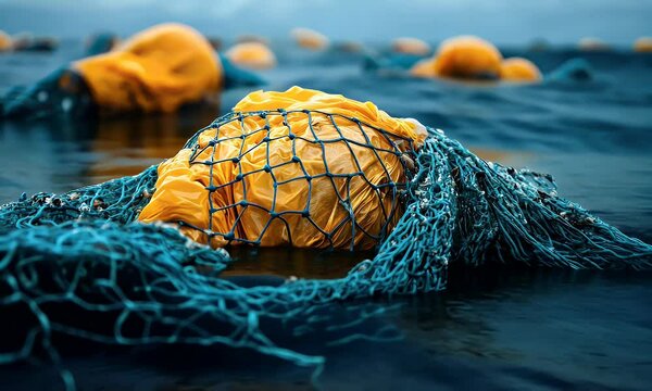 A close-up of a floating fishing net with yellow buoys in a tranquil sea.
