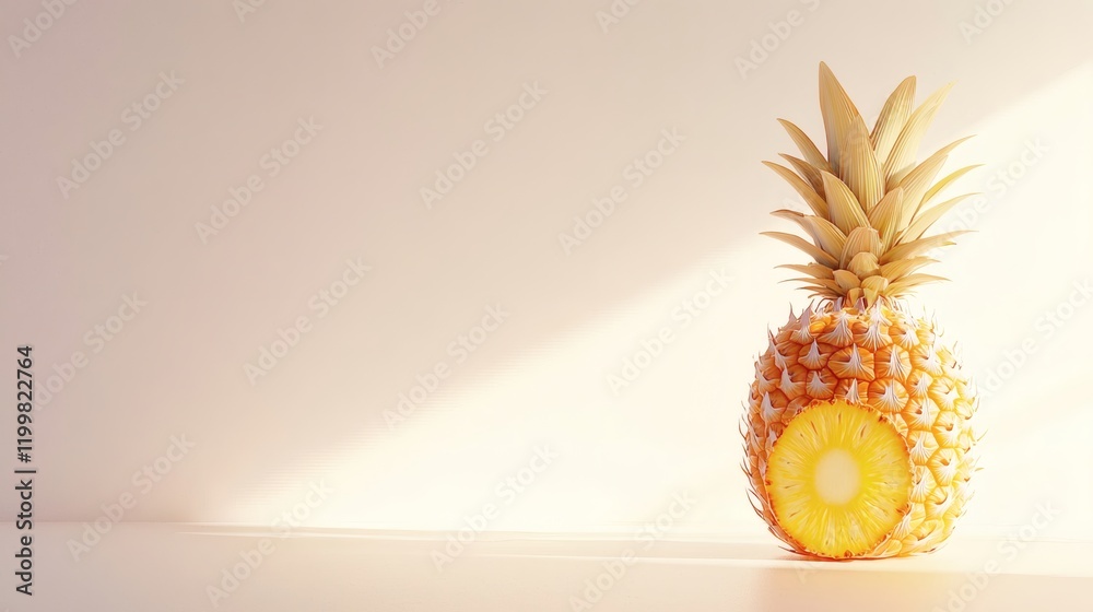 Poster isolated of a pineapple with its top removed placed upright revealing its fibrous core on a seamless