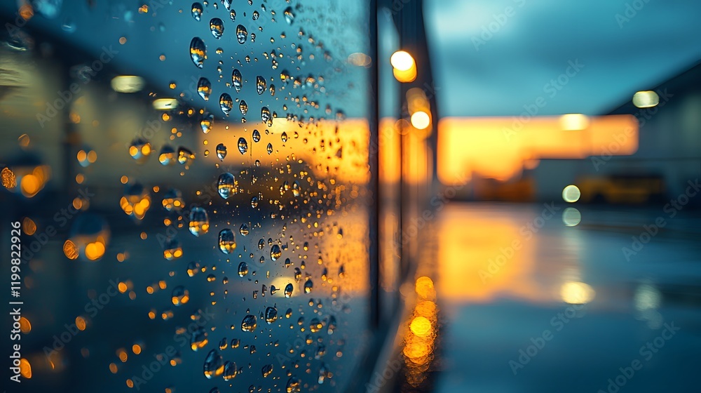 Poster Reflections of a Dusk Sky Captured in Raindrops on Glass Surfaces with Glowing Lights and a Blurred Background Creating a Serene Atmosphere at Nightfall