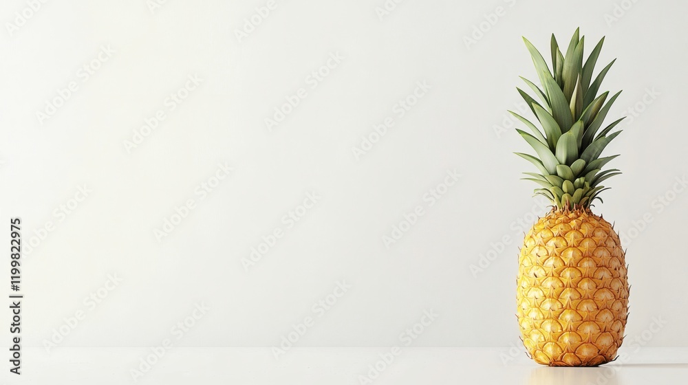 Poster Isolated of a pineapple with its top removed placed upright revealing its fibrous core on a seamless white background Stock Photo with side copy space