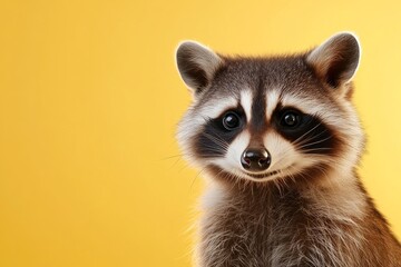 Cute raccoon with a playful expression against a bright yellow background