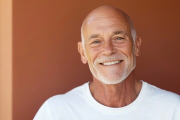 Obraz premium Smiling elderly man showcases joy and warmth against a warm-toned backdrop in a serene moment