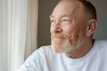 Obraz premium Smiling older man gazes thoughtfully out the window in a light-filled room during morning hours