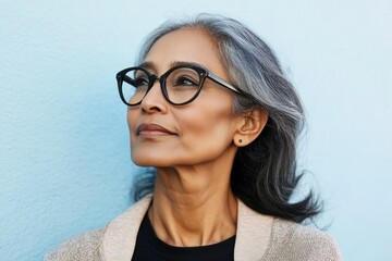 Obraz premium Portrait of an elegant woman with gray hair and stylish glasses against a light blue wall, showcasing a confident and serene expression