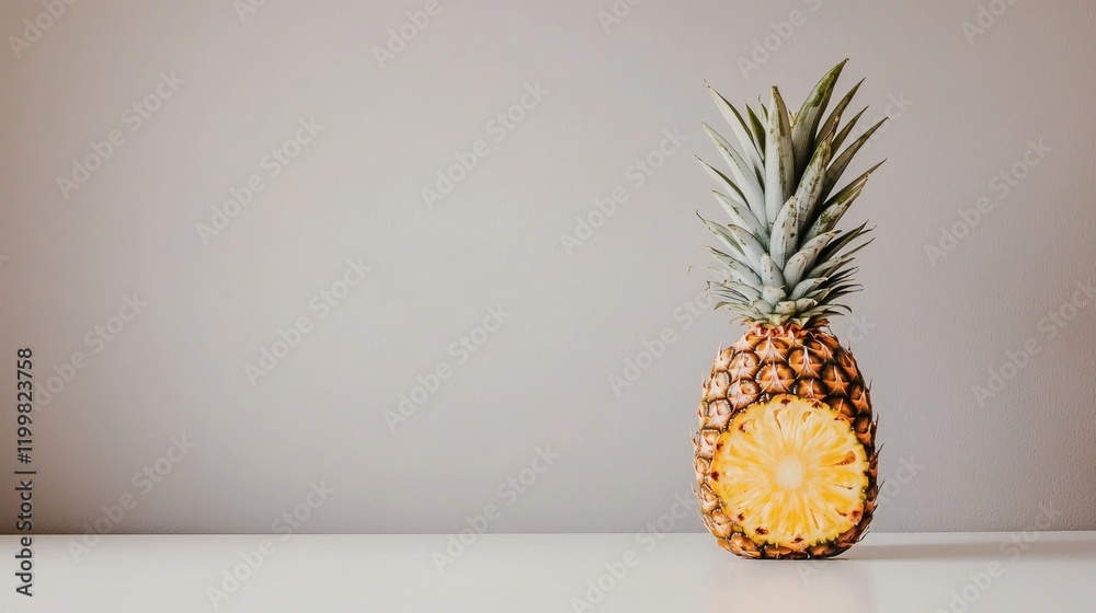 Poster isolated of a single pineapple cut lengthwise showing its vibrant juicy flesh and core detail placed