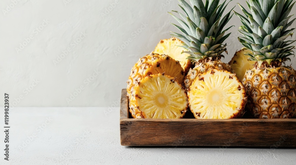 Poster isolated of whole and sliced pineapples displayed together in a decorative wooden tray on a plain wh