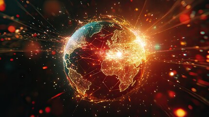 Obraz premium Global network connection, fiery energy, dark space, data visualization, website banner