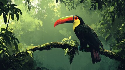 Toucan on branch, in a lush jungle, suitable for a nature website or print