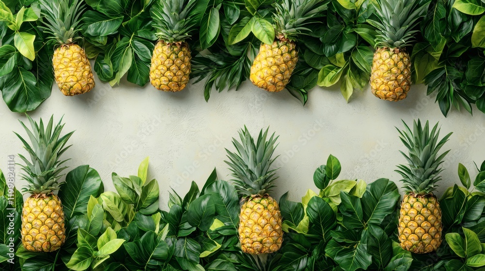 Poster isolated of a freshly harvested pineapple with its rough textured skin and vibrant green leaves plac
