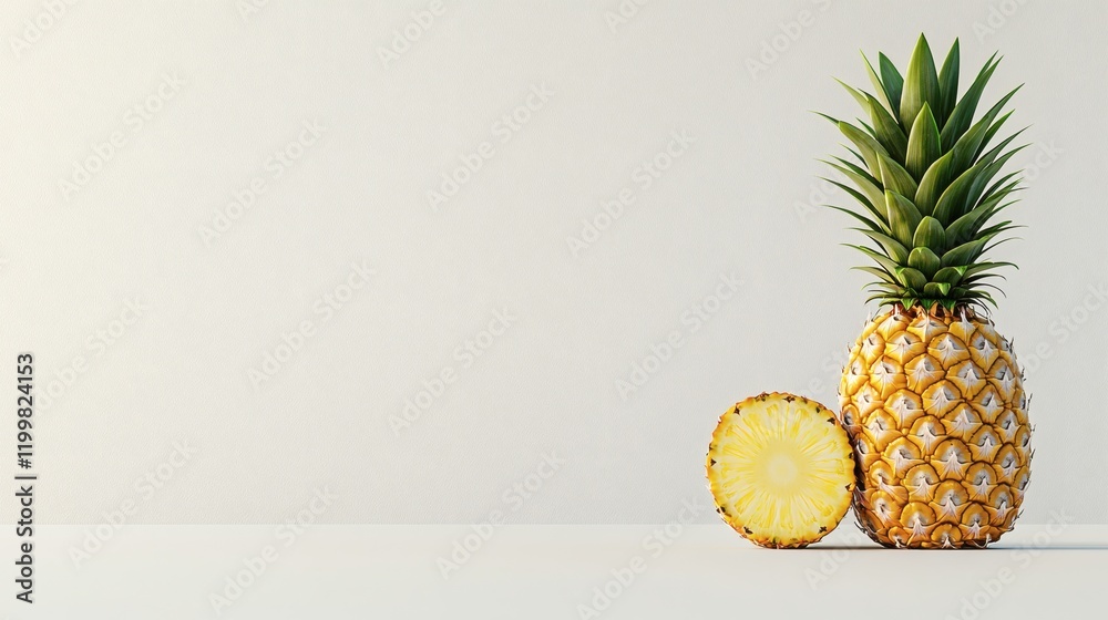 Poster isolated of a single pineapple cut lengthwise showing its vibrant juicy flesh and core detail placed