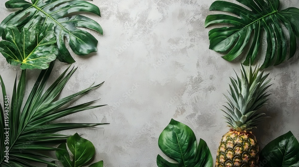 Poster isolated of a freshly harvested pineapple with its rough textured skin and vibrant green leaves plac