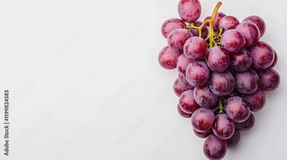 Poster Isolated of a bunch of red grapes with vibrant hues arranged neatly on a seamless white surface Stock Photo with side copy space