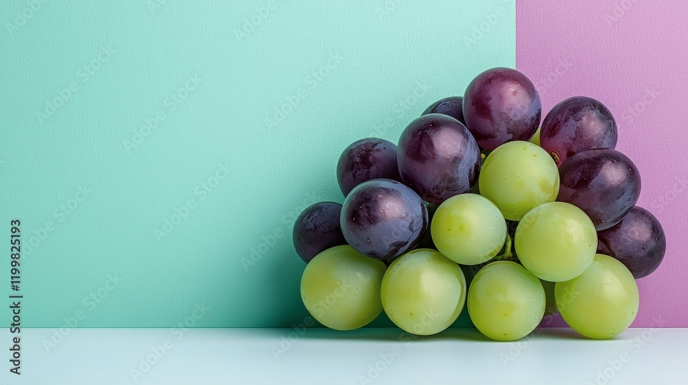 Poster isolated of a group of mixed-colored grapes with purple and green shades placed on a clean white sur