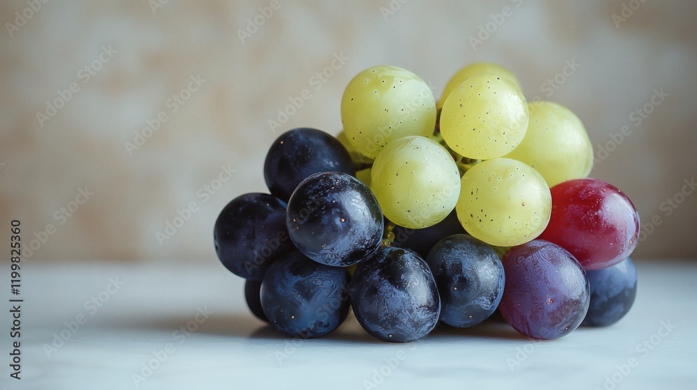 Poster isolated of a group of mixed-colored grapes with purple and green shades placed on a clean white sur