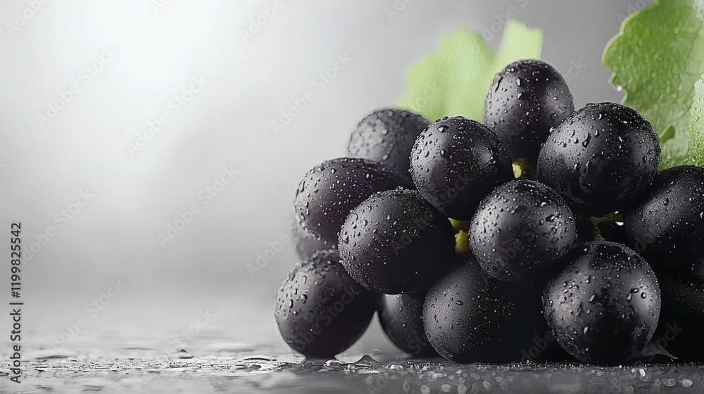 Poster isolated of a cluster of black grapes with a smooth matte finish arranged artistically on white stoc