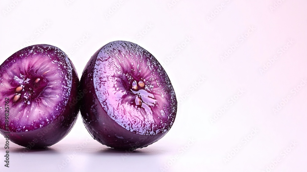 Poster isolated of a single grape cut in half showing its juicy interior texture placed on a white backgrou