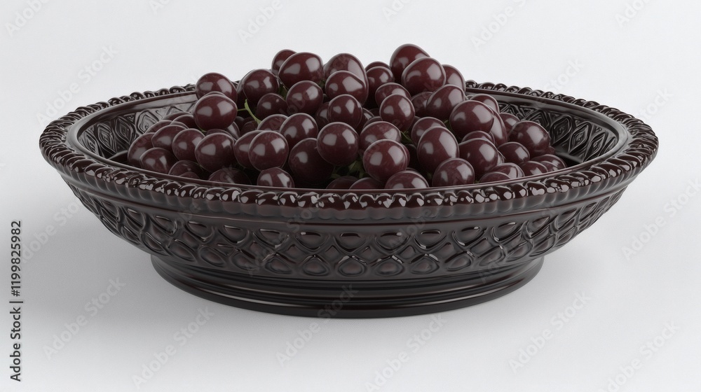 Poster isolated of red grapes arranged in a decorative ceramic bowl displayed on a white surface stock phot