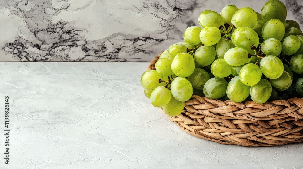 Poster isolated of a pile of green grapes spilling gently from a wicker basket onto a seamless white backgr