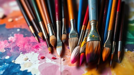 Obraz premium Colorful Paintbrushes on Watercolor Background - Artistic Creativity, Paint Supplies, Bright Colors, High Quality