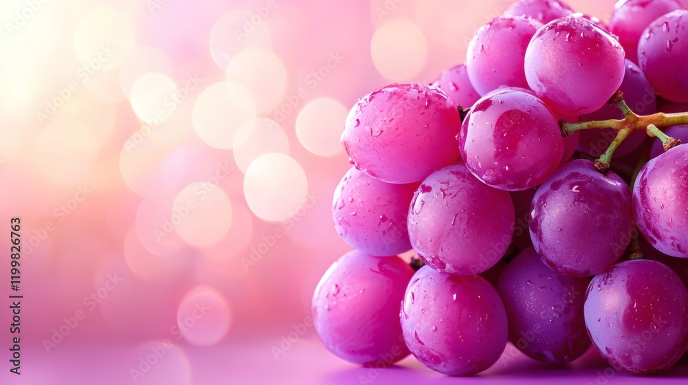 Poster Isolated of a cluster of fresh purple grapes with stems intact and vivid color contrast against white Stock Photo with side copy space