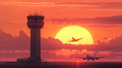 Airport Air Traffic Control Tower at Sunset